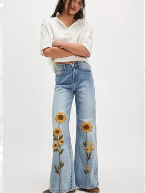 NEW Driftwood x Free People Penelope Sunflower Embroidered Wide Leg Jeans 32